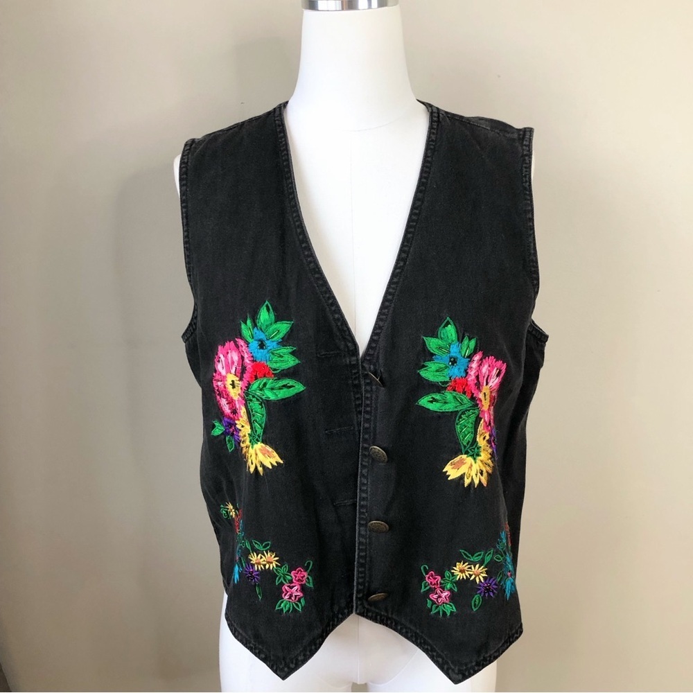 Vintage Black Denim Floral Embroidered Cottagecore Vest M